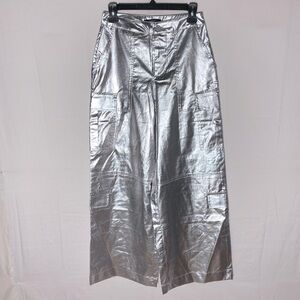 Forever 21 Silver Metallic Wide Leg Cargo Pants S Festival Retro Futuristic Rave